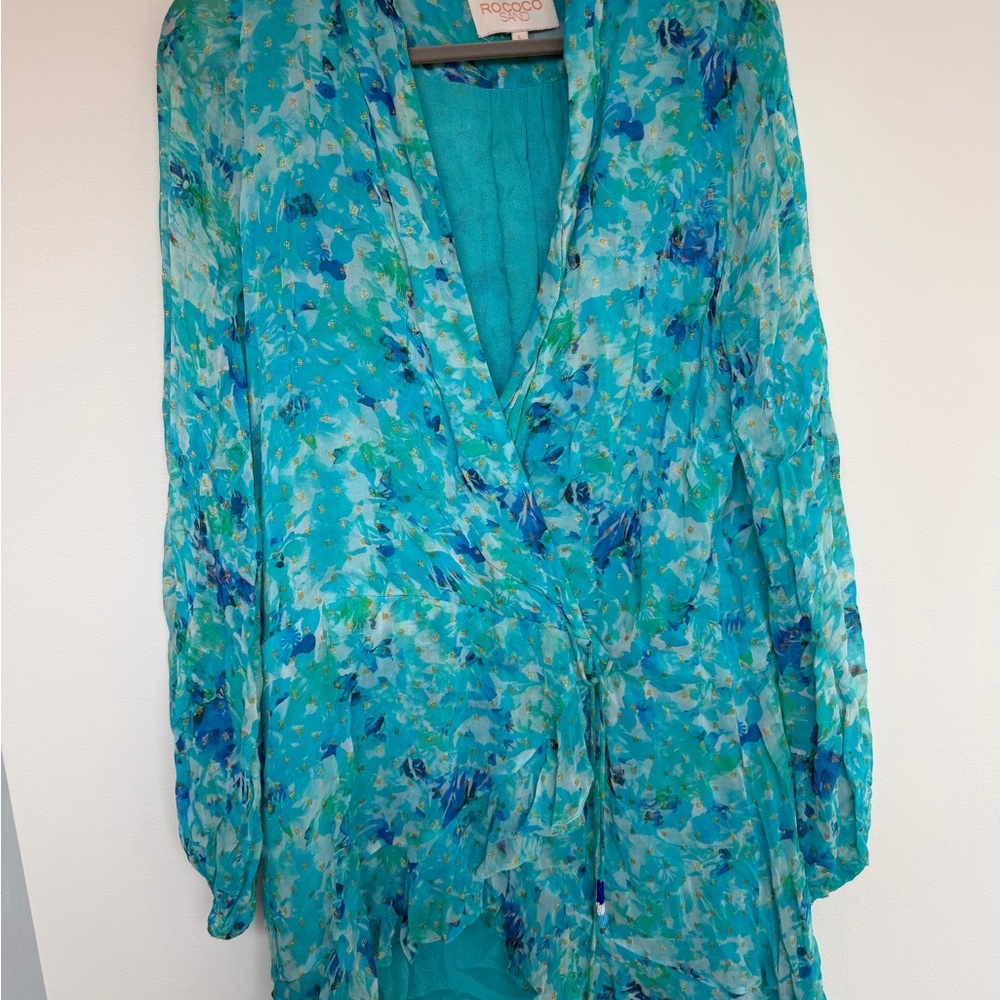 Rococo sand Turquoise Floral Sheer Wrap dress